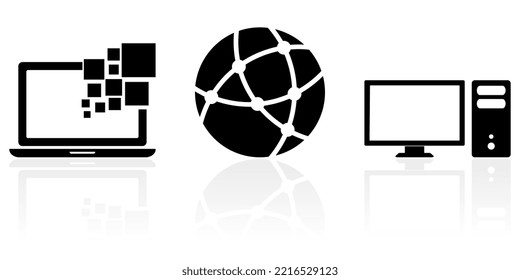 Web and internet concept vector icon set, notebook, computer and social network symbols isolated on white background with reflection