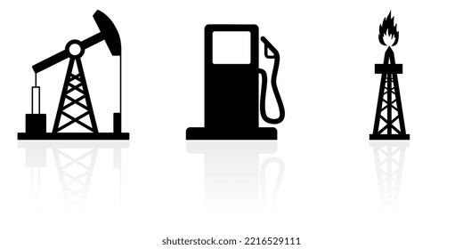 Web and internet energy industry concept vector icon set, oil pump, gas station, drilling rig symbols isolated on white background with reflection