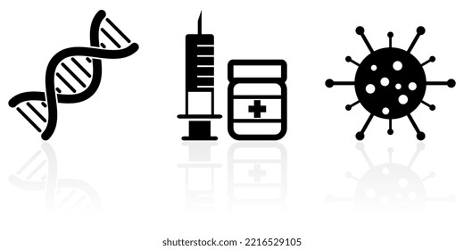 Concepto de atención de la salud en la web e internet conjunto de iconos vectores, ADN, vacuna, símbolos de coronavirus aislados en fondo blanco con reflexión