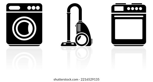 Web and internet home appliances concept vector icon set, washing machine, vacuum cleaner and kitchen oven and stove symbols isolated on white background with reflection