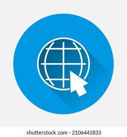 Icono de Internet en el fondo azul. Imagen plana con sombra larga.