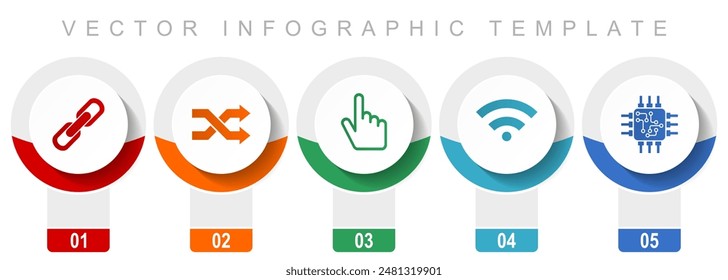 Web and internet icon set, miscellaneous vector icons such as chain, arrows, finger, signal and chip, modern design infographic template, web buttons in 5 color options