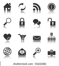 Web and Internet icons reflected on white background, isolated objects