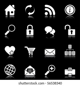 Web and Internet icons reflected on black background, isolated objects