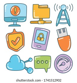 web and internet icons set color doodle theme