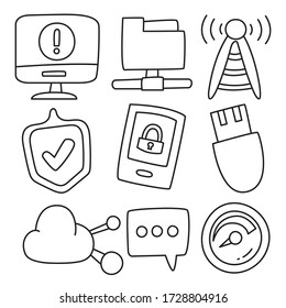 web and internet icons set hand drawn doodle theme