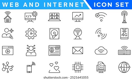 Web- und Internetzeilen-Icons-Sammlung. Große UI-Symbol in einem flachen Design. Paket mit dünnen Gliederungssymbolen. Vektorgrafik