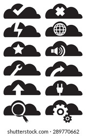 Web and internet symbols in cloud silhouette. Black and white vector icon set isolated on white background.