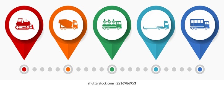 Web and internet vehicles, transportation, transport concept vector icon set, flat design pointers, infographic template