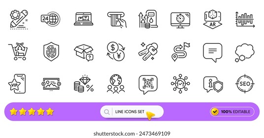 Web inventory, Currency exchange and Text message line icons for web app. Pack of Diagram chart, Keys, Shield pictogram icons. Global business, Vip phone, Fuel price signs. Seo. Search bar. Vector