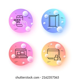 Web inventory, Education and Delivery minimal line icons. 3d spheres or balls buttons. Open door icons. For web, application, printing. Online warehouse, Quick tips, Cargo schedule. Entrance. Vector