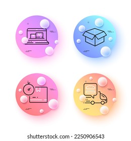 Web inventory, Open box and Cardboard box minimal line icons. 3d spheres or balls buttons. Food delivery icons. For web, application, printing. Vector