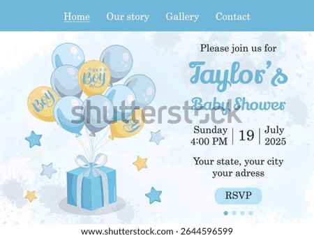 Web invitation template for baby shower with blue cute design and "It's a boy" text, perfect for online announcements and newborn celebration cards