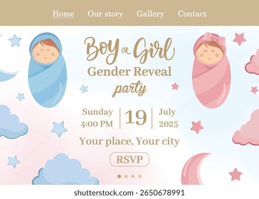 Web invitation template for gender reveal party with cute pink and blue design elements Boy or girl theme for digital celebration