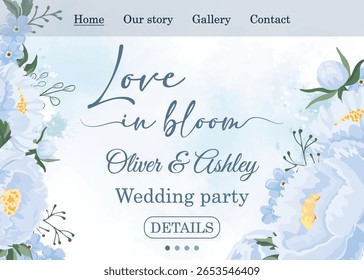 Web invitation template for wedding with blue elegant flowers design, titled Love in Bloom, perfect for digital romantic event announcements