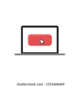 Web isolated illustration with flat laptop red button on white background.