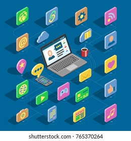 Web isometric icons vector 3d office collection set and computer buttons for website with business isometrical iconic symbols and digital network internet and social media illustration isolated