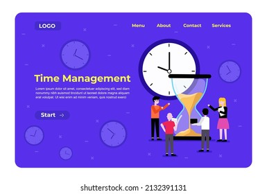 Web Landing Management Time in hourglass. Idea for effective time management strategy and time is money concept.Landing page, web design template.