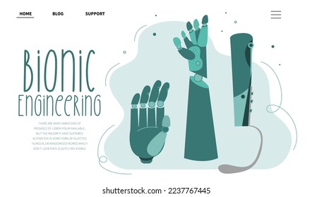 The web landing pag with set of bionic titanium implant or prosthesis leg, foot, hand. Vector illustration with phrase BIONIC ENGINEERING.