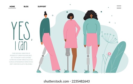 Web landing pag with sports women birth anomaly, has bionic leg, titanium foot, implant or prosthesis. Vector illustration with phrase YES, I CAN. 