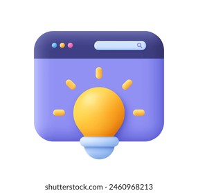 Web landing page or web banner with light bulb. Online learning and education, creative solutions, idea concept. 3d vector icon. Cartoon minimal style.