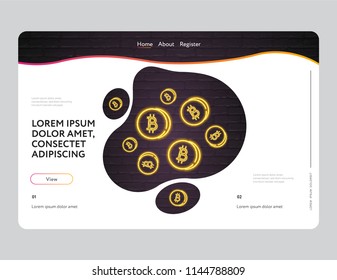 Web Landing Page Bitcoin Symbol Neon Light Glowing Vector Web Template Design