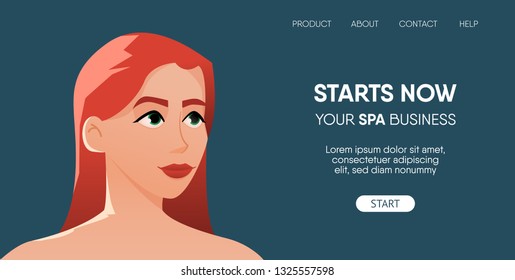 Web landing page concept for spa business Portrait of a girl with red hair. web and app page concept. vector illustraiton. 
