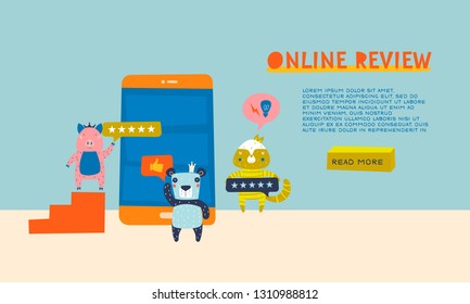 Web or Landing Page Design Concept with Online Review Theme. Animal Characters as Office People are Leaving Stars as a Feedback, Rating. Thumb up, Idea Lamp, and Stars Icons. Mobile App, Website
