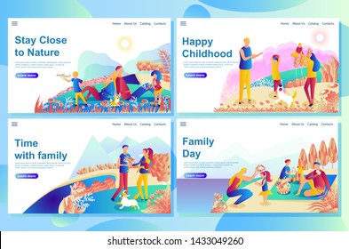 Web landing page design template shows happy couple playing with children on nature. Having a good time together and walk with the little dog. Vector illustration concepts for website