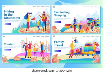 Web landing page design template for family travel tourism, camping. Cartoon mother, father and children together travelers visiting different countries. Hiking on nature.