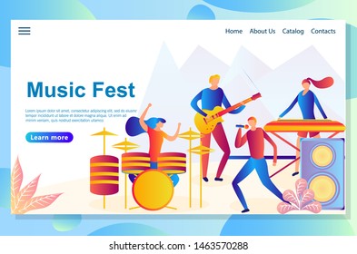Web landing page design template for music festival concept. Band performing on stage. Men and woman artists outfit playing with musical Instruments, music concert.
