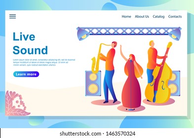 Web landing page design template for music festival concept. Band performing on stage. Men and woman artists outfit playing with musical Instruments, music concert.
