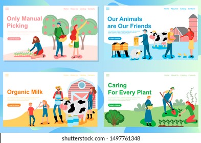 Web landing page design template for Eco farm theme. Friendly Carrying of domestic animals on the farm: cows, sheeps, chickens and bees. Manual picking of apples and different vegetables by workers