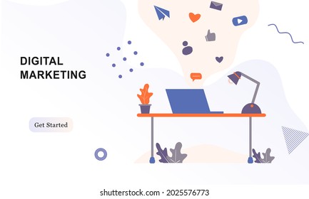 Plantilla de diseño de página de inicio web para marketing digital, ecommerce, marketing en medios sociales, email marketing, negocios, anuncios. Concepto moderno de ilustración vectorial para el desarrollo de sitios web y sitios web móviles