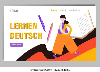 Web landing page. Education, German Language online course. Young people are studying. Educational class, Textbook, Notebook. German Flag. Flat vector illustration.