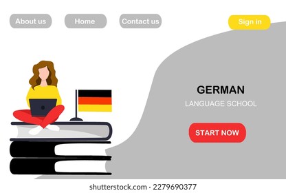 Web landing page. Education, German Language online course. Young woman are studying. Textbook, Notebook. German Flag. Flat vector illustration. Vector illustration