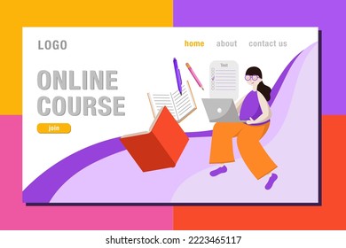 Web landing page. Education, Language online course. Young woman are studying. Educational class, digital classroom. Textbook, Dictionary, laptop, lesson, test. Flat vector illustration.
