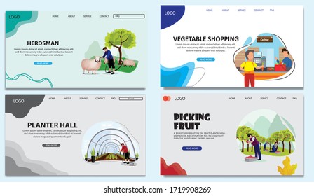 Web Landing Page. Farmer flat illustration. People gathering crops or seasonal harvest, collecting ripe vegetables, picking fruits and berries, remove leaves. Men, women work on a farm. Flat design