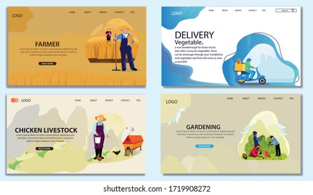 Web Landing Page. Farmer flat illustration. People gathering crops or seasonal harvest, collecting ripe vegetables, picking fruits and berries, remove leaves. Men, women work on a farm. Flat design