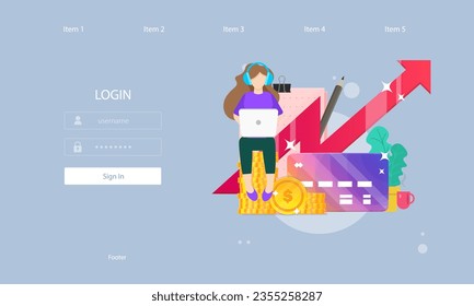 Web Landing Page Login Freelancer Girl Sitting On Stack Of Coins Cup Of Coffee Office Note Pencil  Arrow Icon Isolated For Business And E-Commerce Credit Card Investment Vector Design
