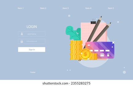 Web Landing Page Login Office Note Paper Education Currency Cash Money Stack Of Coins  Icon Isolated For Business Banking And E-Commerce Credit Card Investment Vector Design