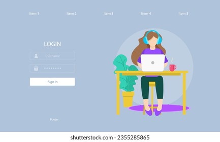 Web Landing Page Login Woman Sitting On The Chair  With Headphones Laptop  Plant Cup Of Coffee In Office Working Freelancer Business  Vector Design