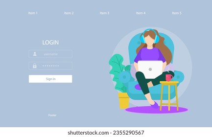 Web Landing Page Login Woman Sitting In Armchair With Headphones Laptop Pillows Plant Cup Of Coffee Working Freelancer Business Illustration Vector Design