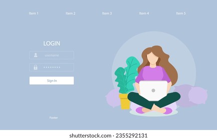 Web Landing Page Login Woman Sitting On Floor Carpet With Laptop Pillows Plant Working Freelancer Business Illustration Vector Design