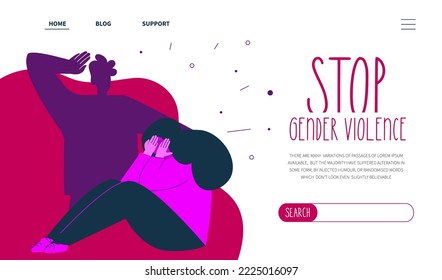 Web landing page сoncept with man torments and beats woman and phrase STOP gender violence.  The NO GBV vector illustration in hand drawn art style.