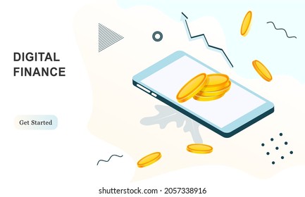 Página de inicio web de la banca móvil, pago digital, tarjeta de crédito, inversión, transferencia y depósito, fintech y el concepto de compras por Internet para el servicio y aplicación de gestión de finanzas digitales.
