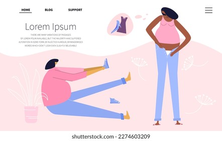 The web landing page with pregnant women friends shopping. Women put on clothes, hard getting dressed. New mom has big belly and often has discomfort, heaviness and uncomfortably.