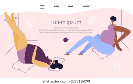 The web landing page with pregnant women has got symptoms. New mom relax, elevating feet to reduce swelling, swollen foot, ankle,edema. She has discomfort, back pain, distress during pregnancy.