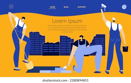 La página web de aterrizaje con un conjunto de hombres, constructores, ingenieros en traje de salto. El hombre fuerte para hacer trabajo duro, reconstruir la ciudad ucraniana. 