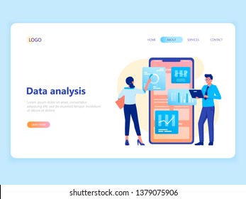 Web landing page template. Data analysis, strategy. Woman and man are working with data near big smartphone. Flat vector concept illustration for website, ui, ux